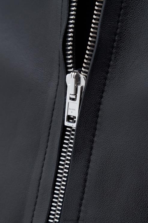 Men Filippa K Black/Smoke Green Leather Zip Jacket Apparel 66L84259