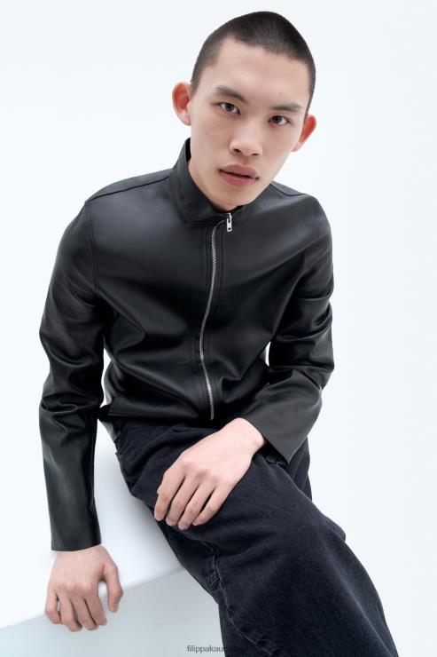 Men Filippa K Black/Smoke Green Leather Zip Jacket Apparel 66L84259