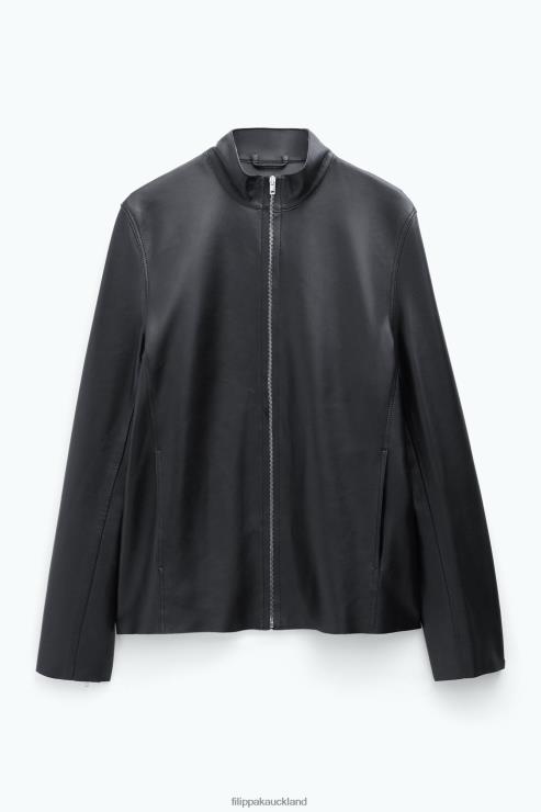 Men Filippa K Black/Smoke Green Leather Zip Jacket Apparel 66L84259