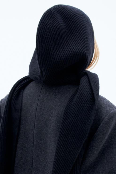 Women Filippa K Black Rib Beanie Scarf Accessory 66L84412