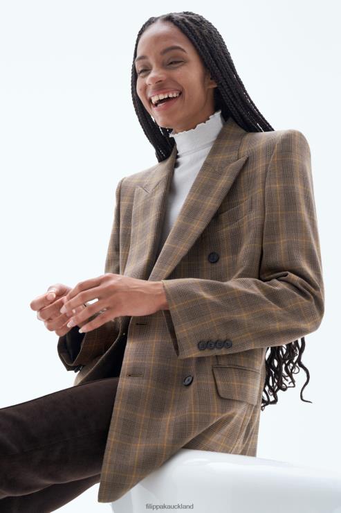 Women Filippa K Brown/Yellow Small check Double Breasted Check Blazer Apparel 66L84185