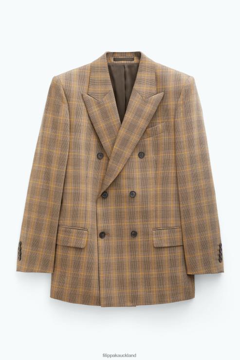Women Filippa K Brown/Yellow Small check Double Breasted Check Blazer Apparel 66L84185