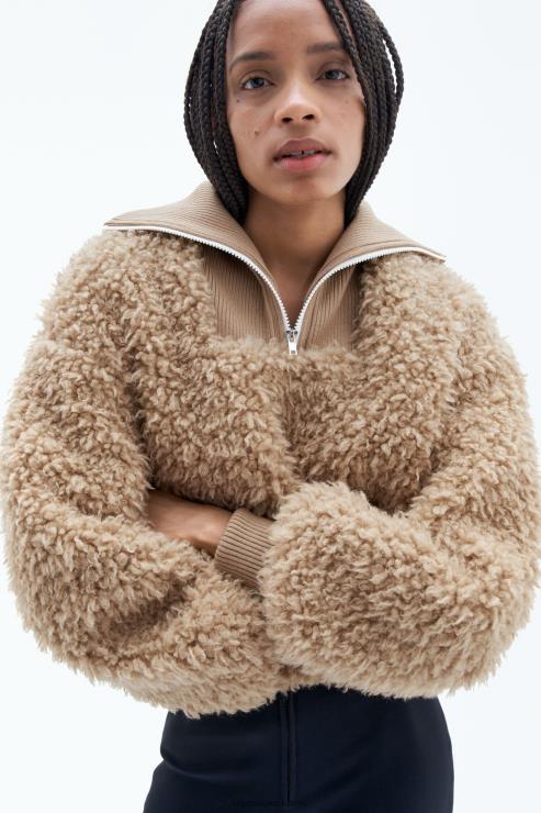 Women Filippa K Sand Beige Half Zip Faux Fur Jacket Apparel 66L8416