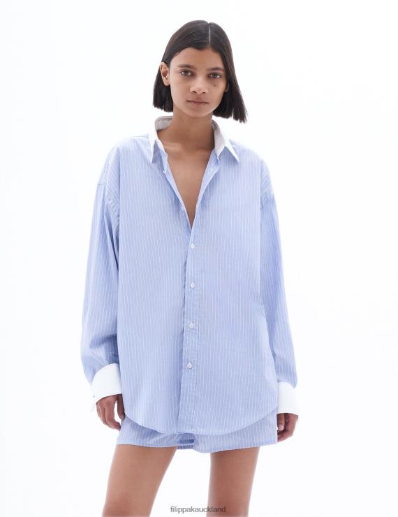 Women Filippa K Coral Blue/White Stripe Striped Tuxedo Shirt Apparel 66L84205