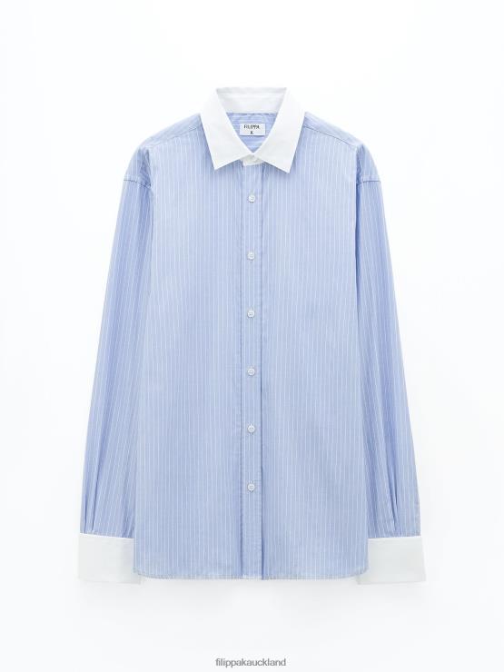 Women Filippa K Coral Blue/White Stripe Striped Tuxedo Shirt Apparel 66L84205