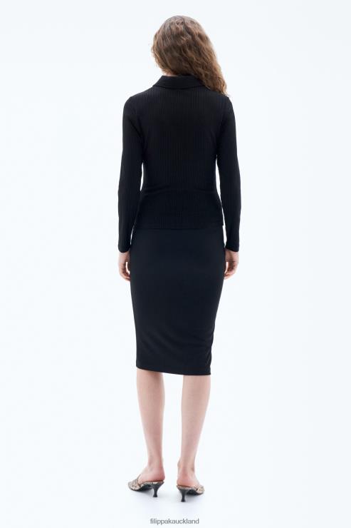 Women Filippa K Black Shiny Rib Button Polo Apparel 66L84136