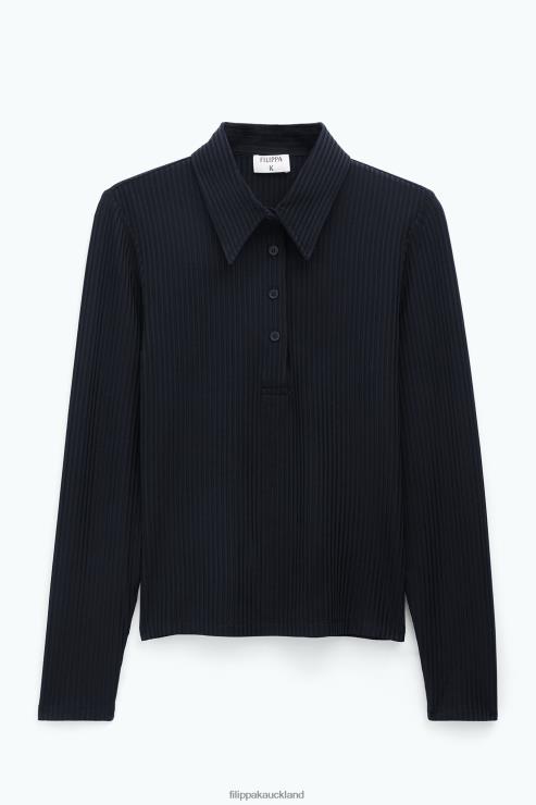 Women Filippa K Black Shiny Rib Button Polo Apparel 66L84136