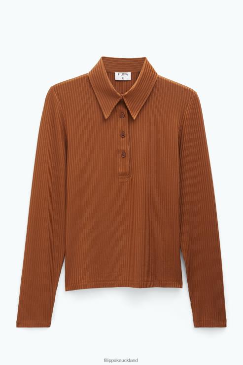 Women Filippa K Chestnut Shiny Rib Button Polo Apparel 66L84158